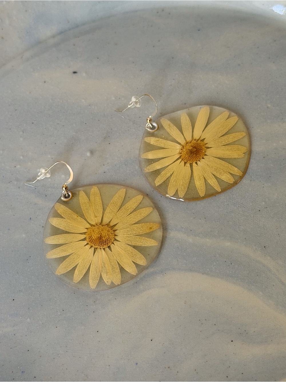 Handmade Yellow Daisy Resin Drop Earrings w/ Sterling Silver Posts